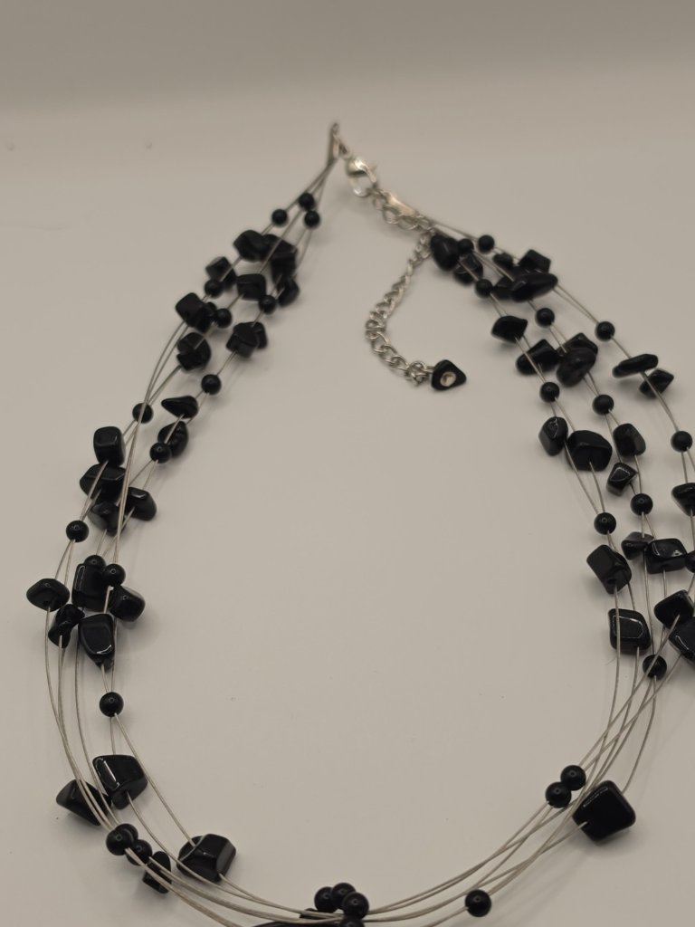 Layered Beaded Necklace Black Beads Stones Wire Chain Silver Tone Lobster Clasp